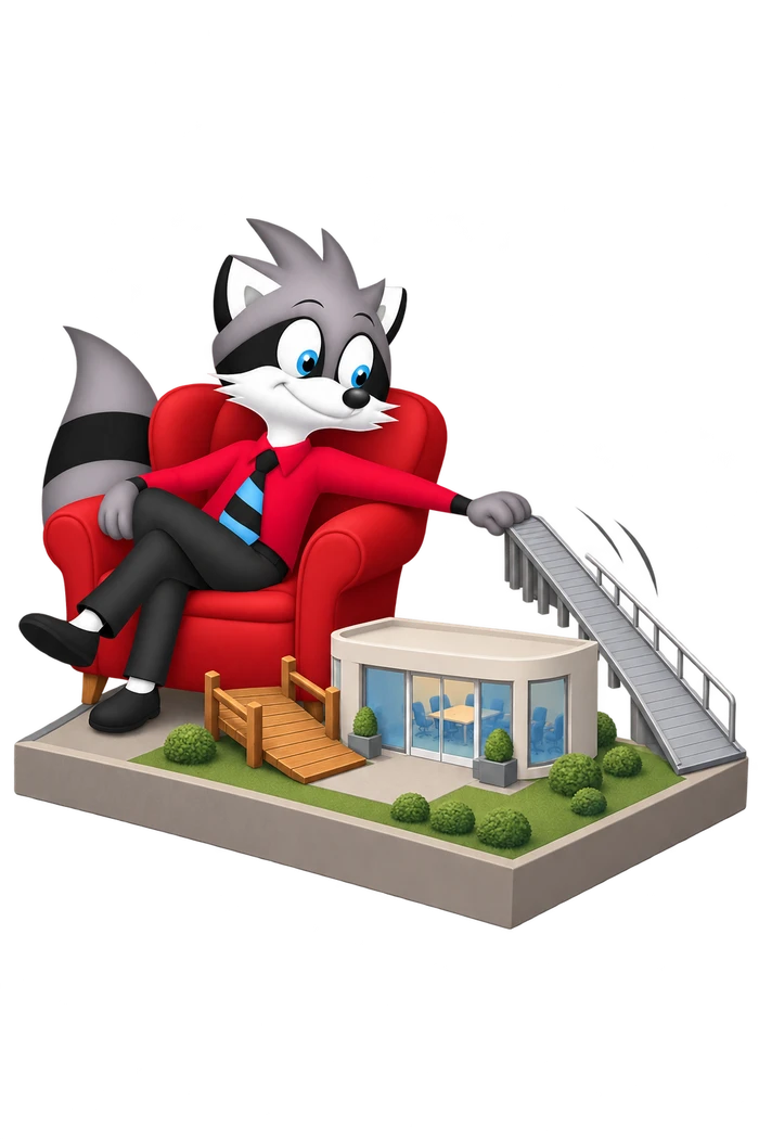 The grey raccoon sits in a large armchair beside a miniature meeting building and moves its long public access ramp away from the entrance.
