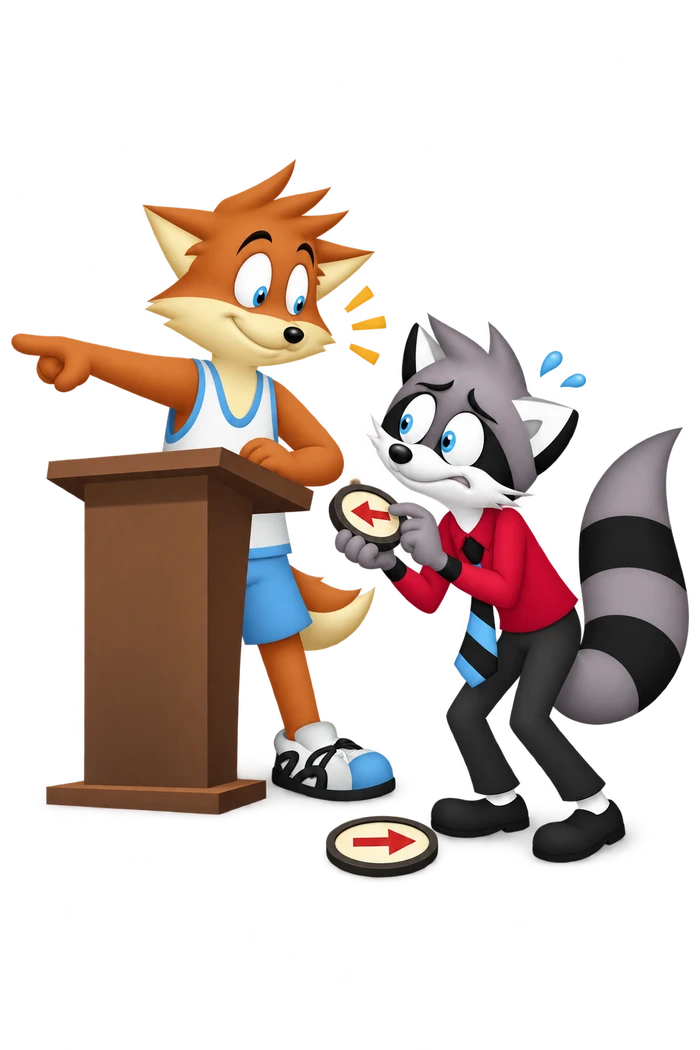 The worried grey raccoon turns a handheld arrow to match the orange speaker’s pointing hand, opposite the arrow lying at his feet.