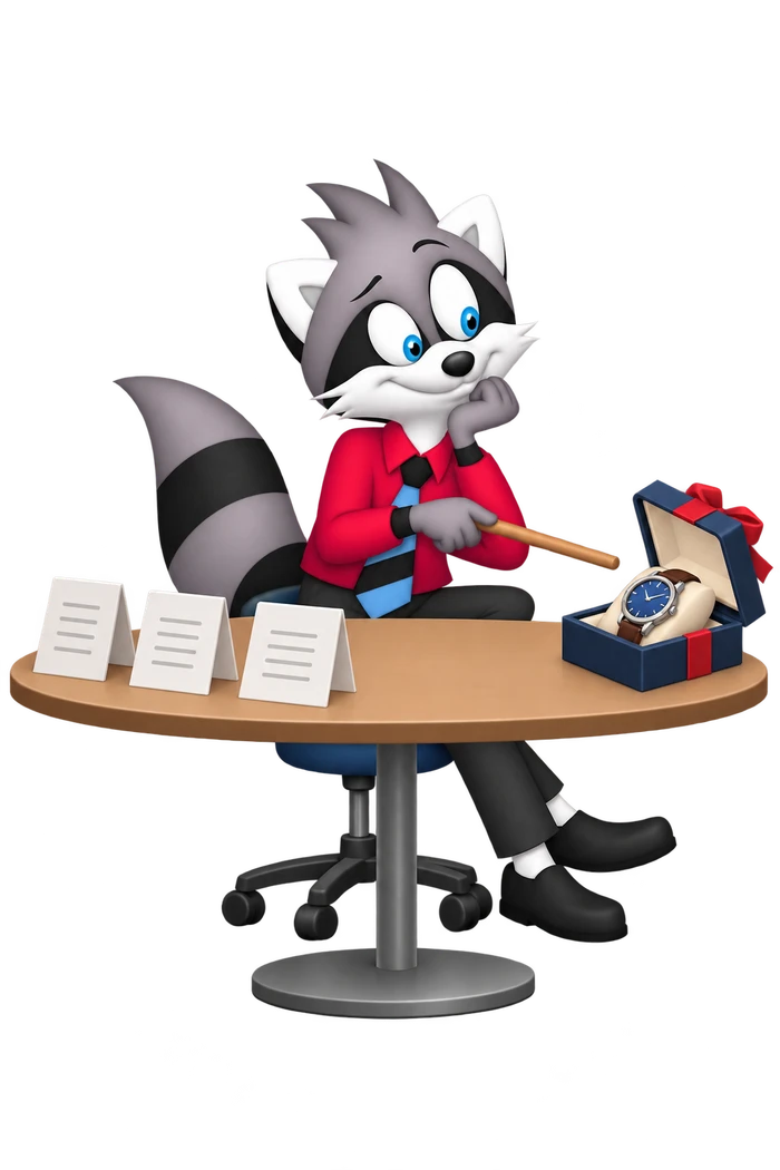 Seated at a table of proposal cards, the grey raccoon points toward an open gift box containing a wristwatch.