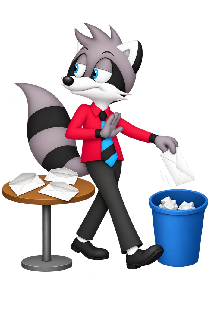The grey raccoon looks away while dropping a sealed envelope into an open wastepaper bin containing crumpled papers; opened envelopes lie on a nearby table.